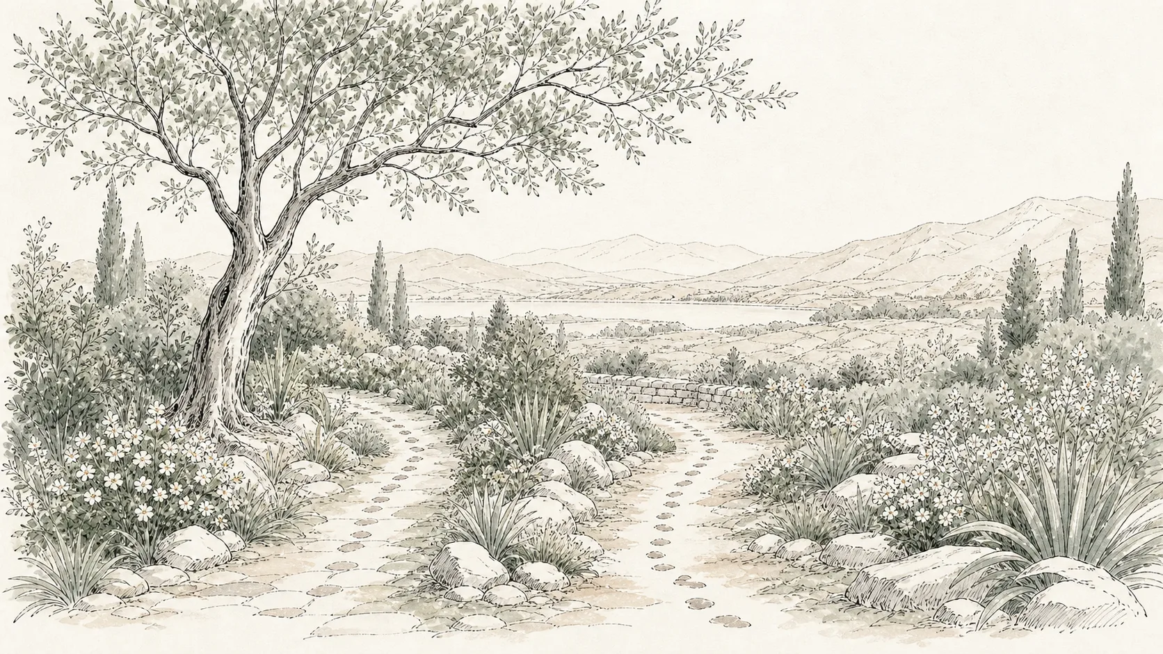 An illustrated garden path beneath a great tree, with two sets of footprints leading toward the horizon