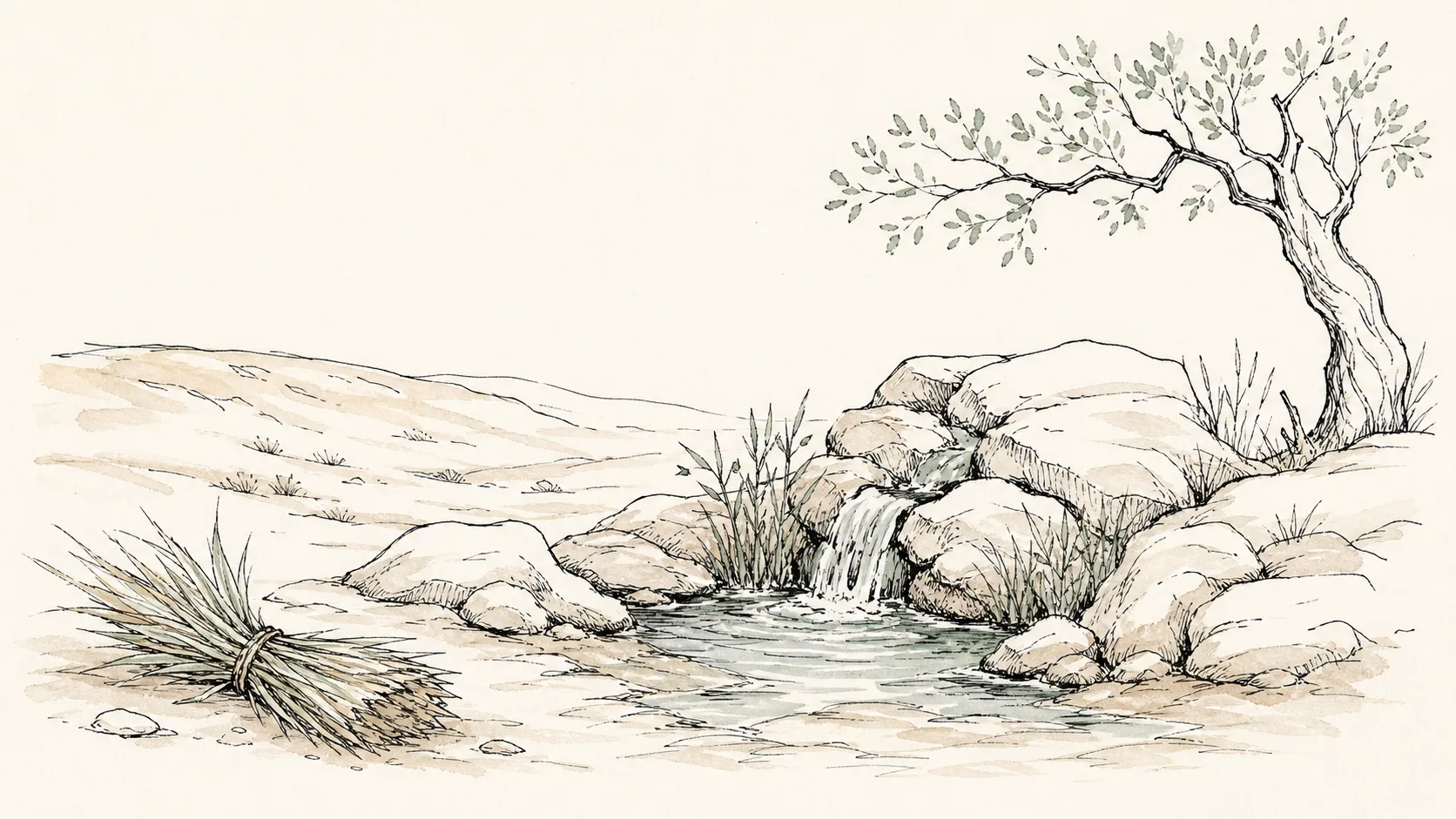 A clear spring in a dry landscape beside a small bundle of grass
