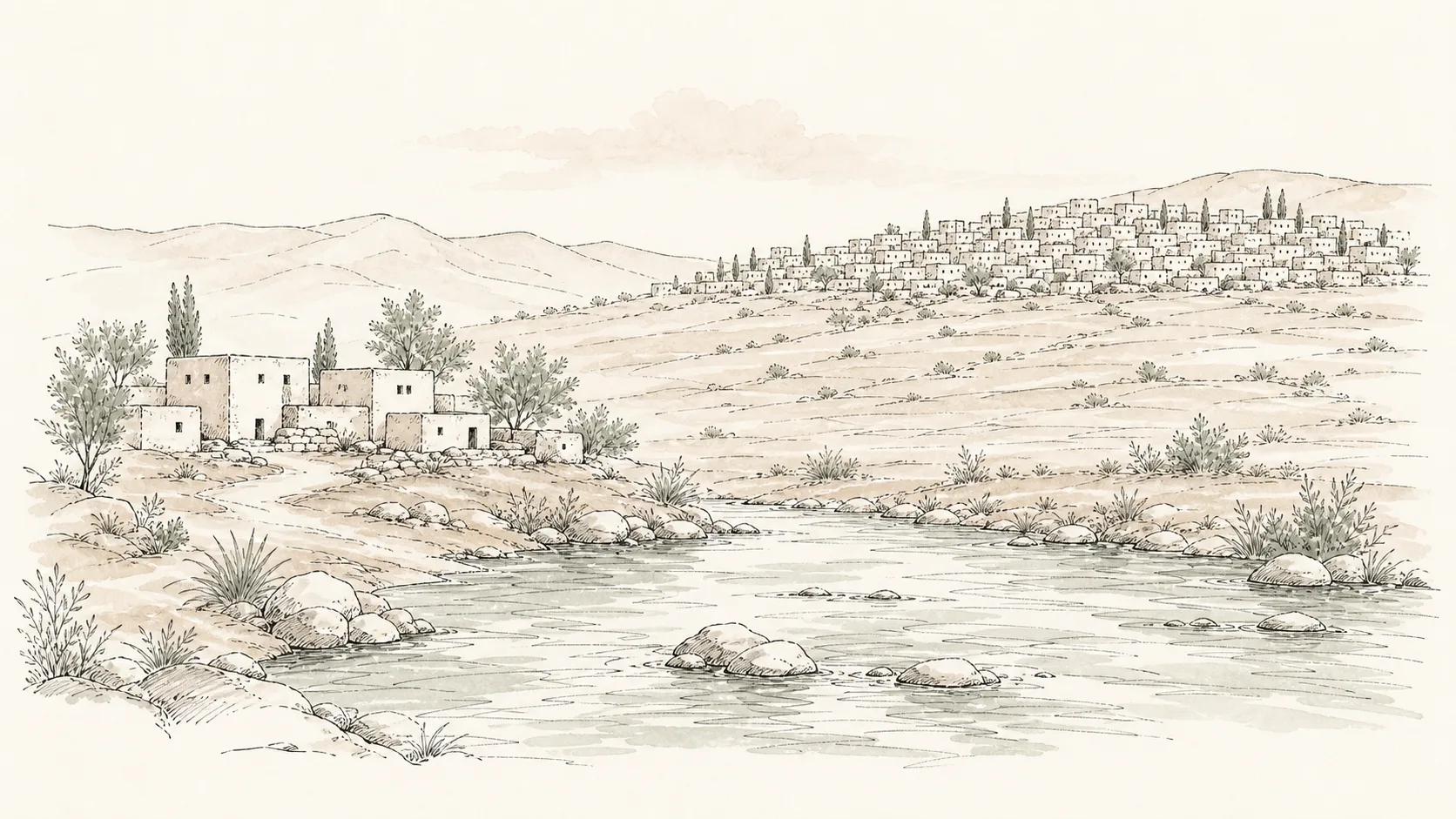 A river between a small settlement and a much larger distant settlement