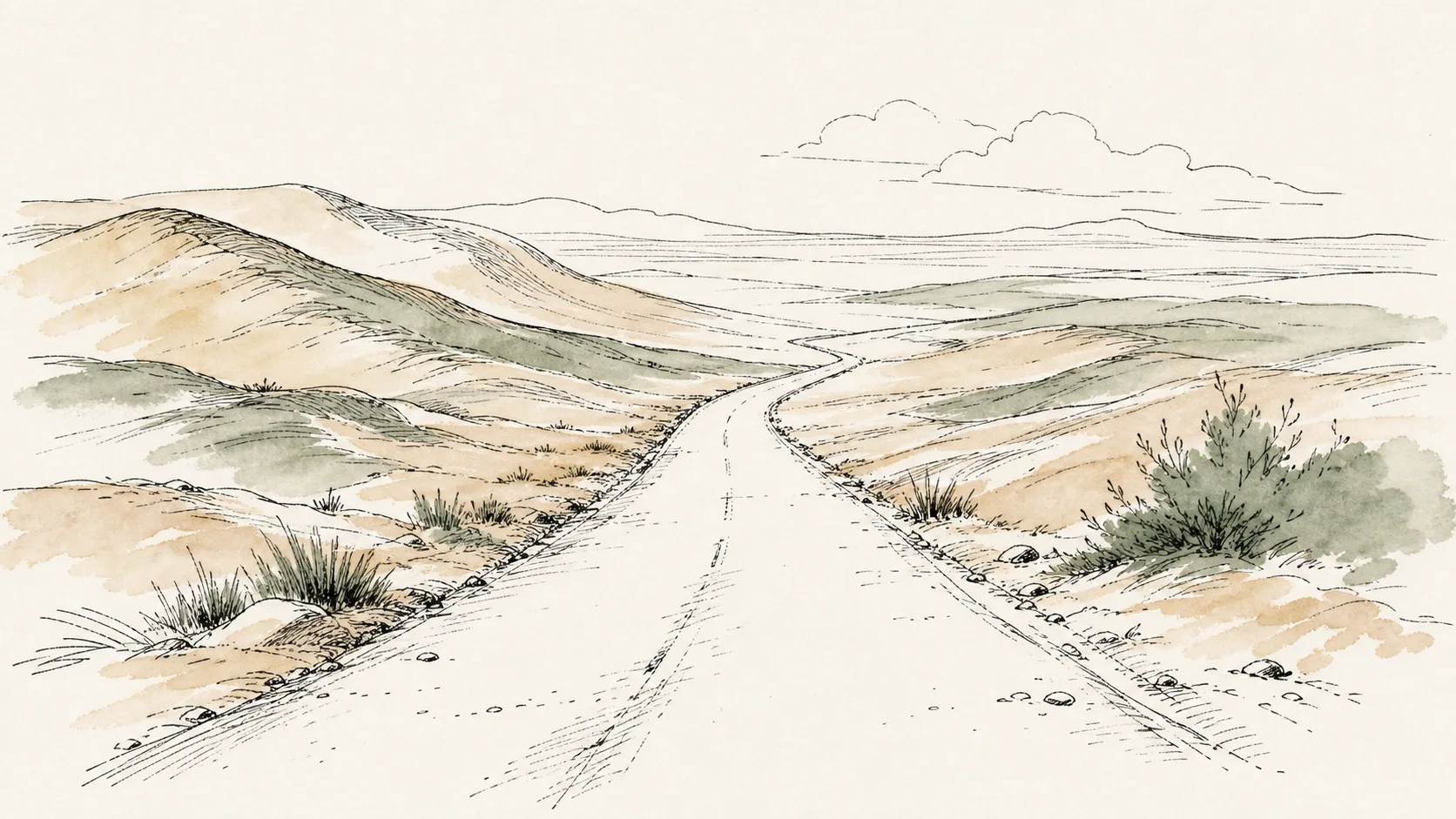 A steady road crossing wind-shaped hills toward an open horizon