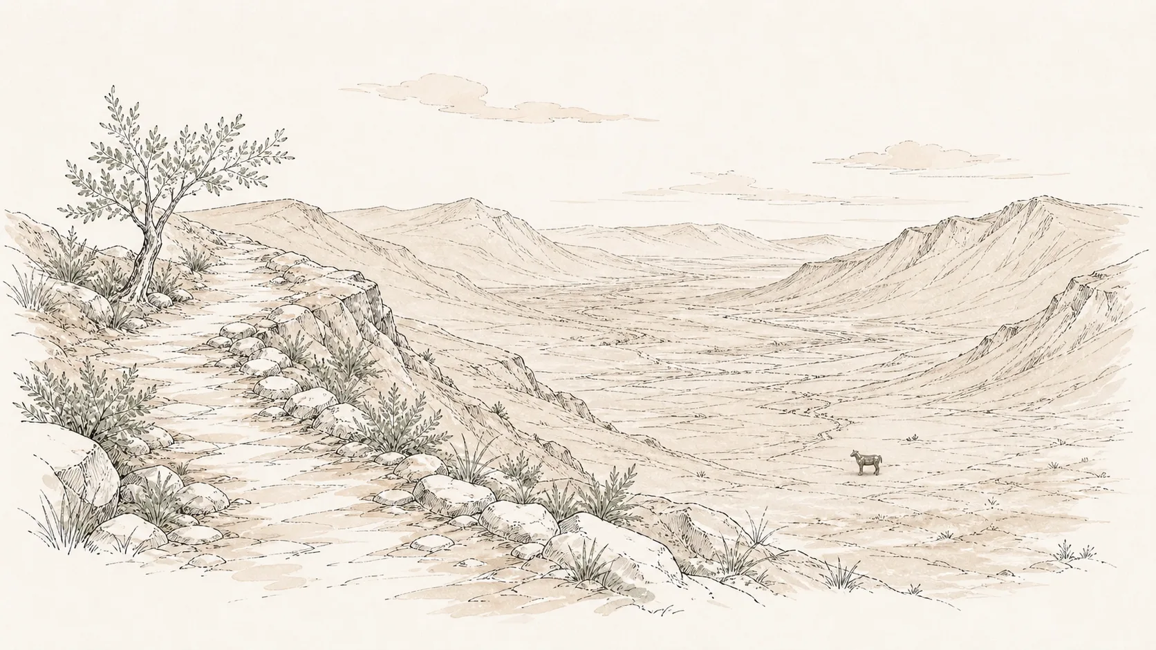 A mountain path above a distant calf-shaped monument