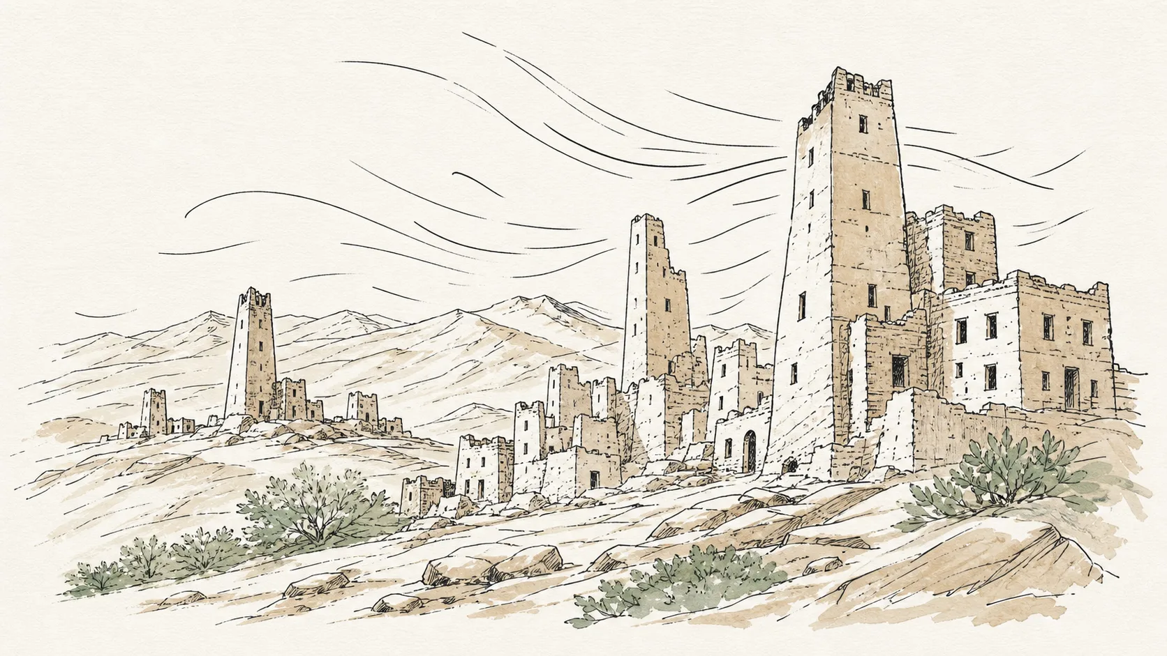 Powerful wind sweeping past monumental empty dwellings