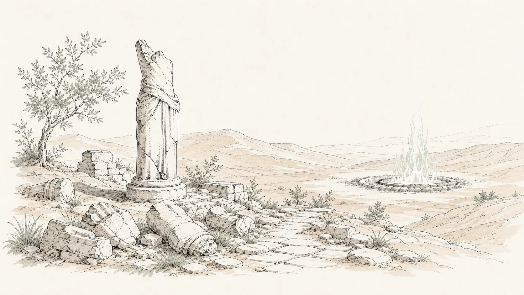 A fallen collection of stone idols beside an empty ring of cool luminous flame
