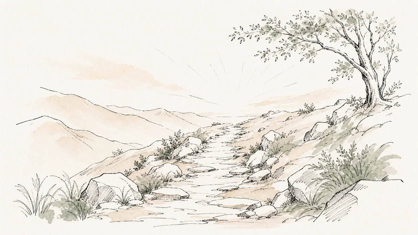 A quiet ascending mountain path beneath an open sky