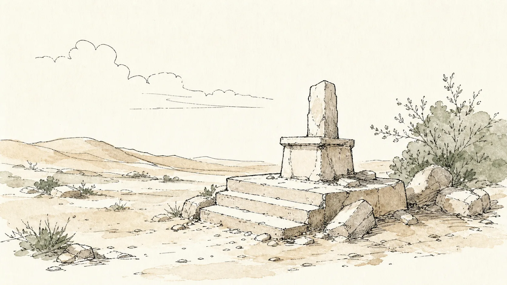 A symbolic deserted shrine beneath an open sky