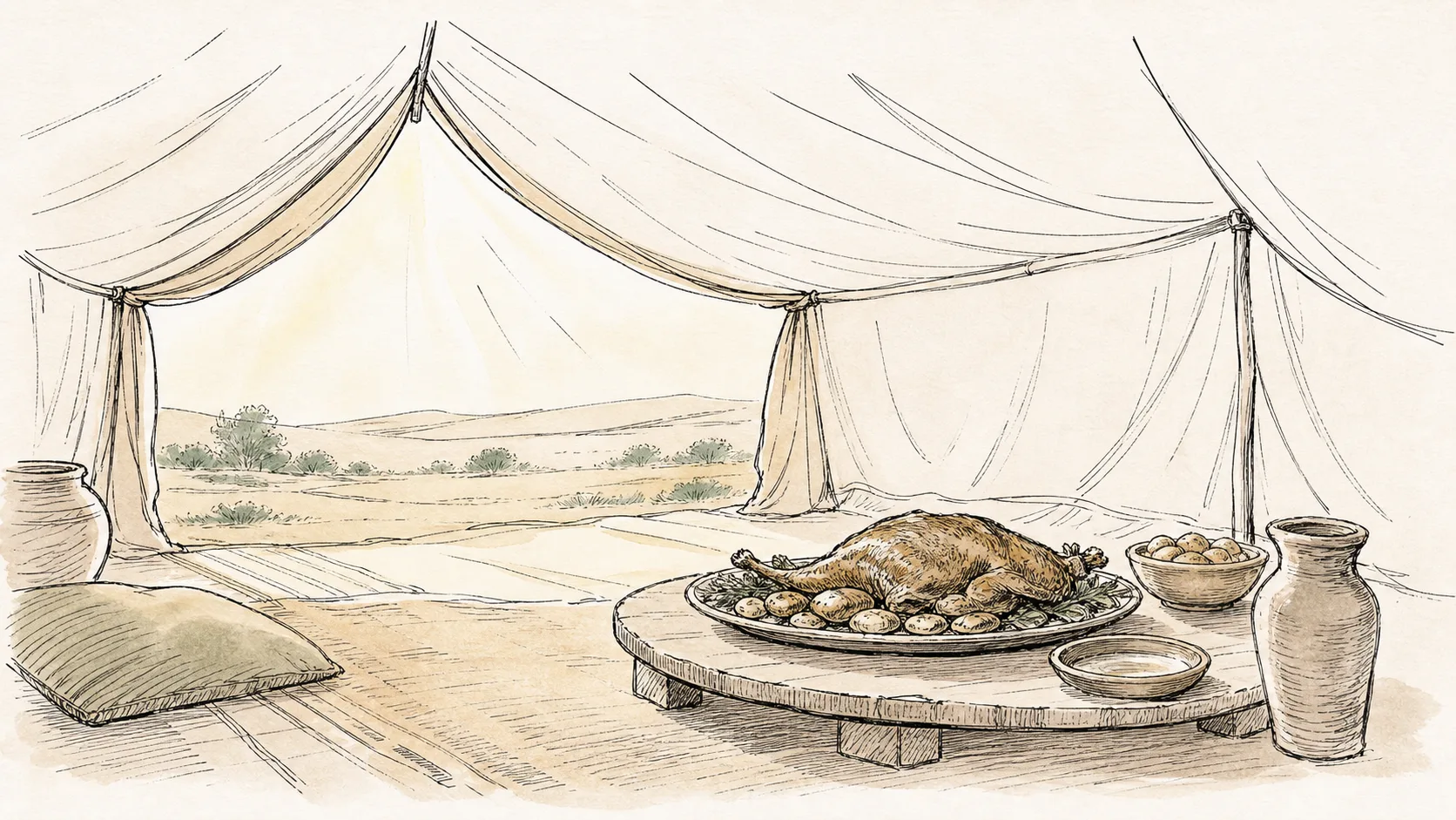 An untouched guest meal beneath a tent opening lit by warm light