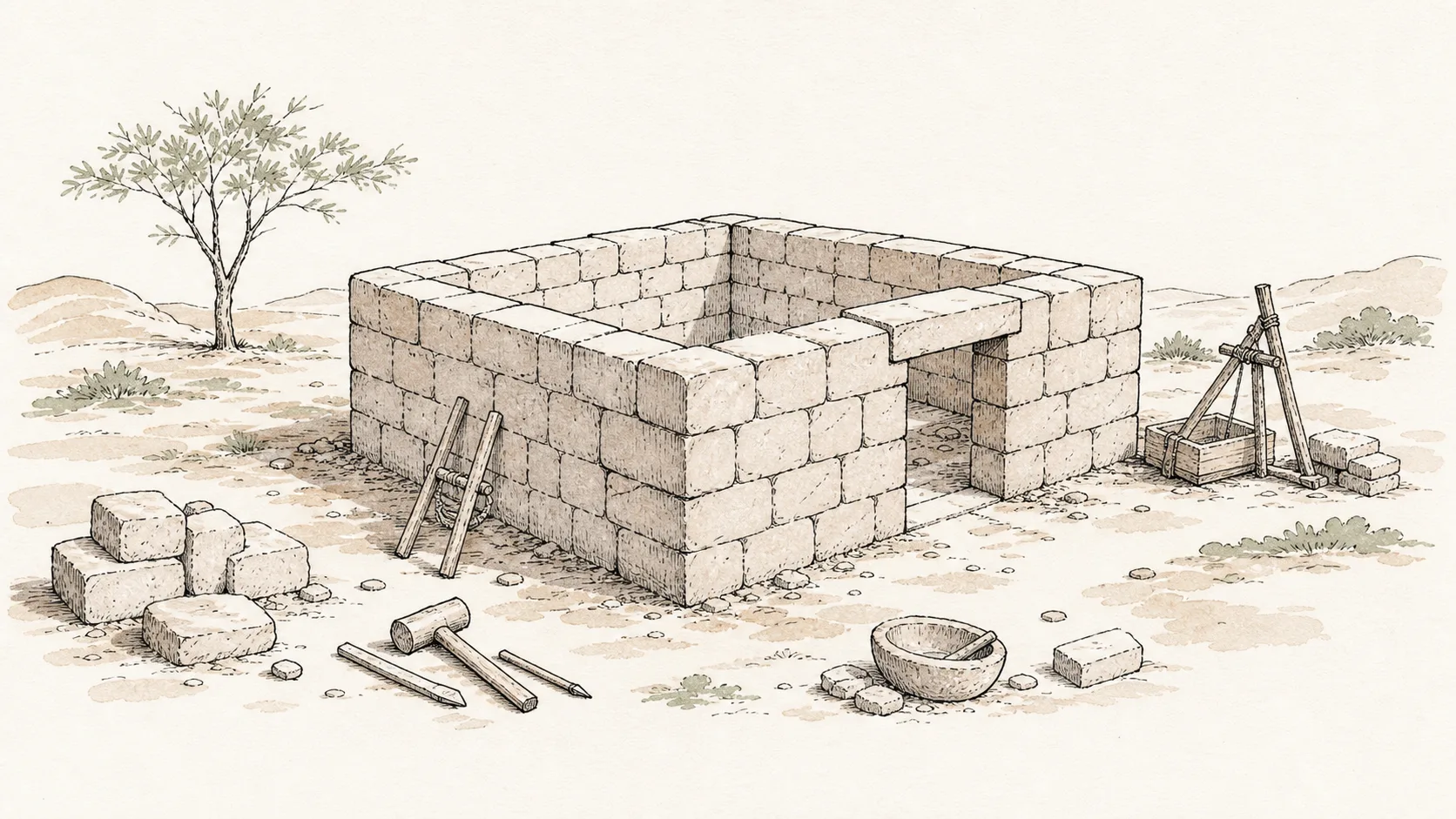 Stone foundations of the Sacred House with building tools and no human figures