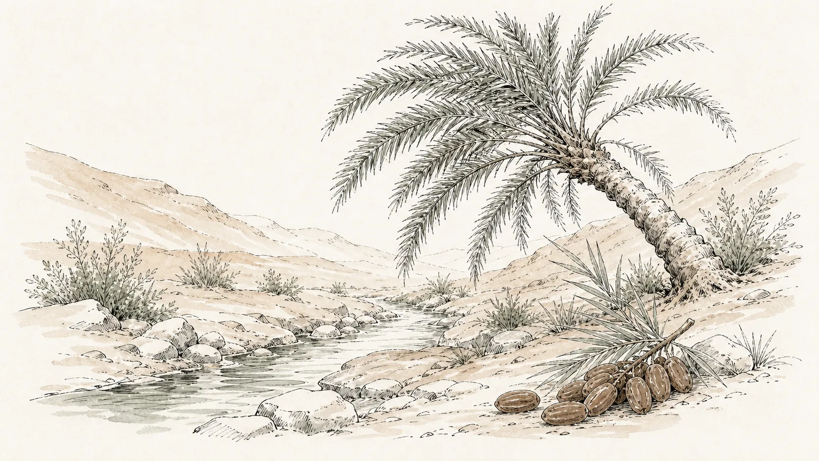 A date palm bending above a stream with fresh dates in a quiet desert hollow