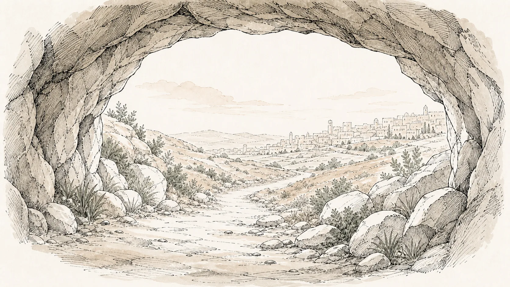 A symbolic cave view with a path and distant city beneath a calm sky