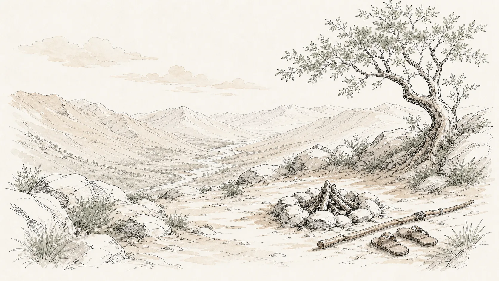 A fire beside a tree in a mountain valley, with a wooden staff and removed sandals