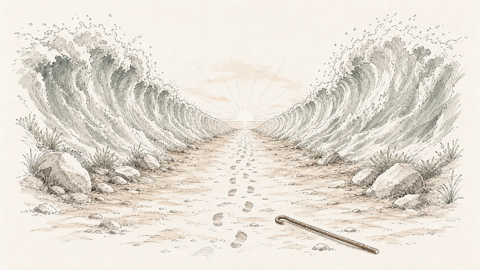 A dry path of footprints between two towering mountain-like sides of parted sea at sunrise