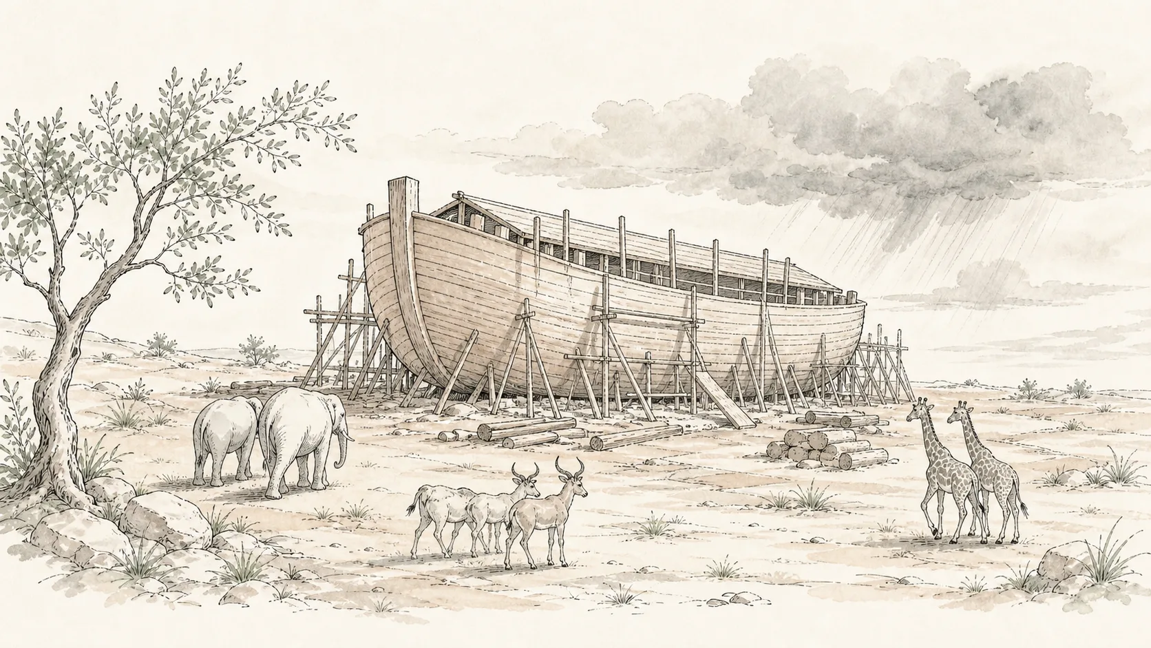 A great wooden ark on high ground as pairs of animals approach and storm clouds gather