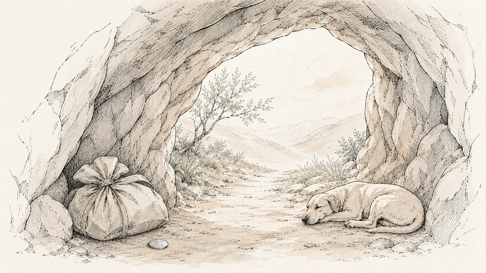 A dog resting at a cave entrance beside one travel bundle and a silver coin