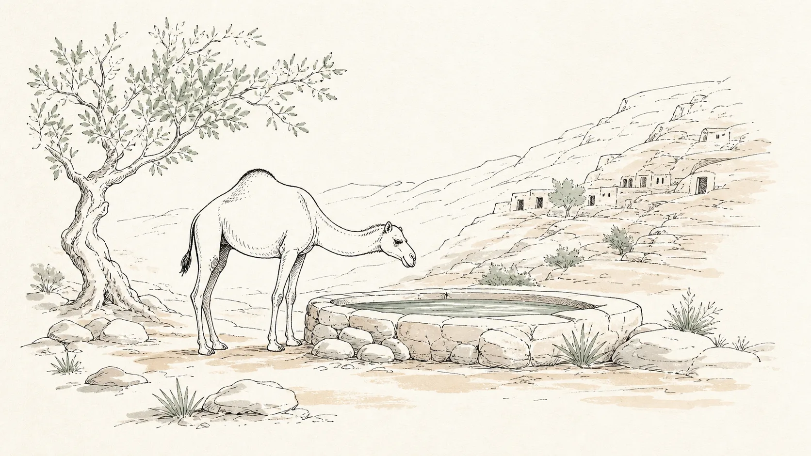 A she-camel beside a watering place with mountain-carved dwellings beyond
