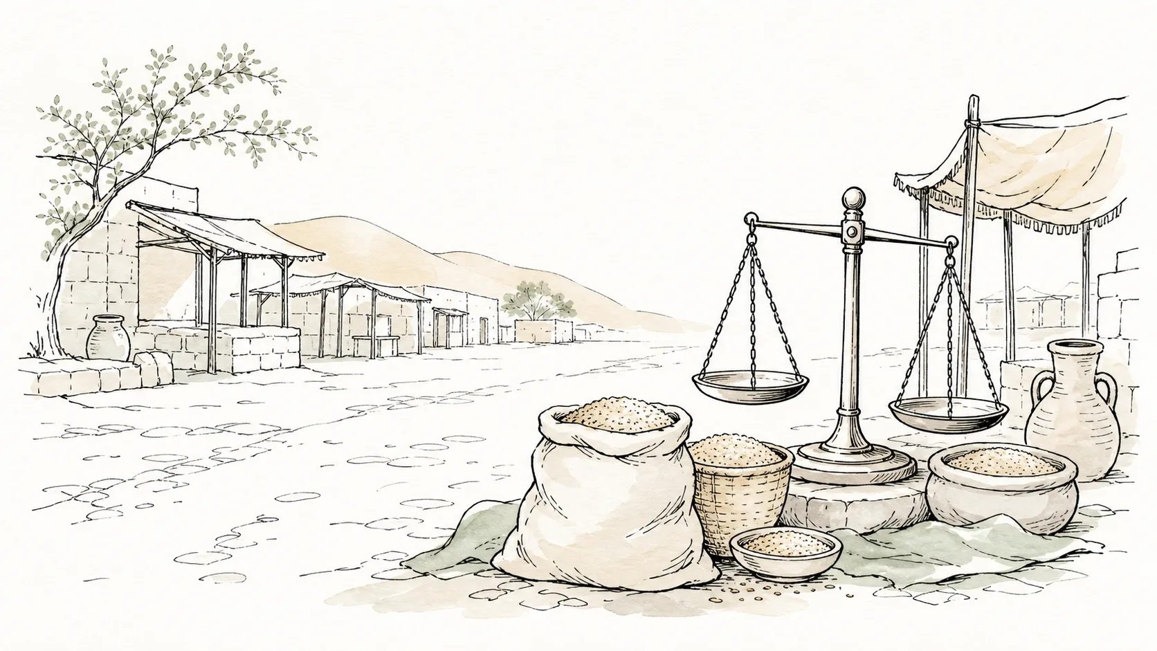 Balanced market scales beside full grain measures on an open road