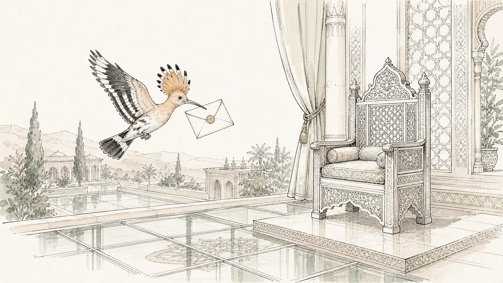 A hoopoe carrying a sealed letter between a desert kingdom, an ornate throne, and a glass-floored palace