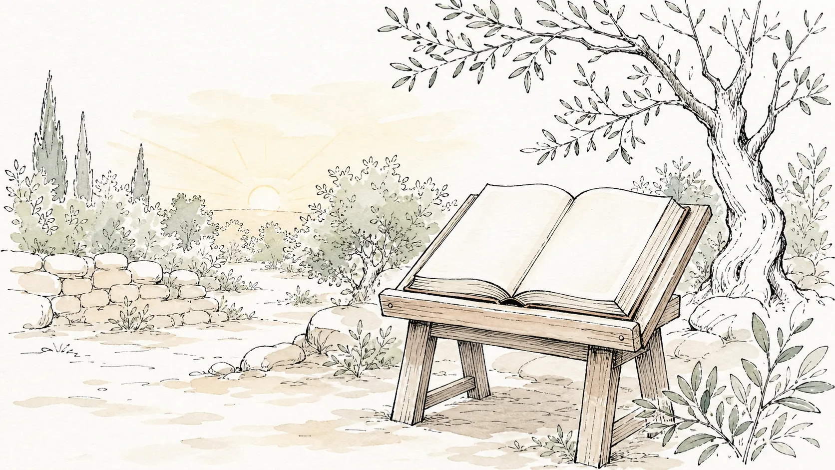 A symbolic open book on a stand in a peaceful garden at dawn