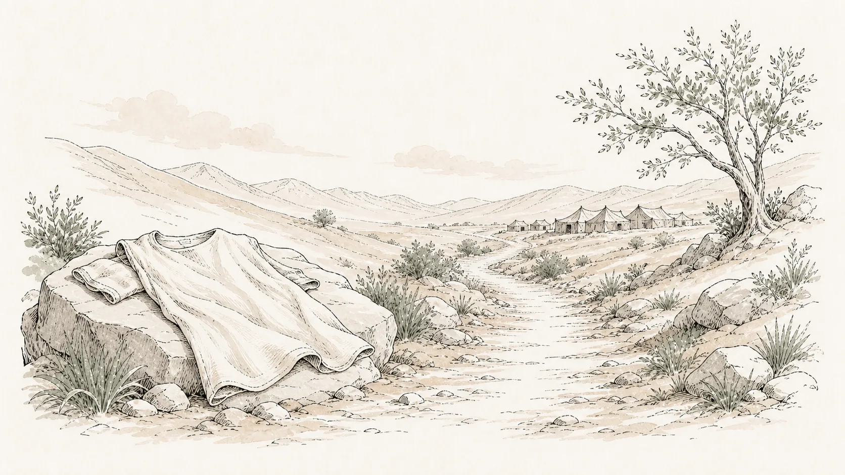 A symbolic folded garment beside a desert road leading toward distant tents