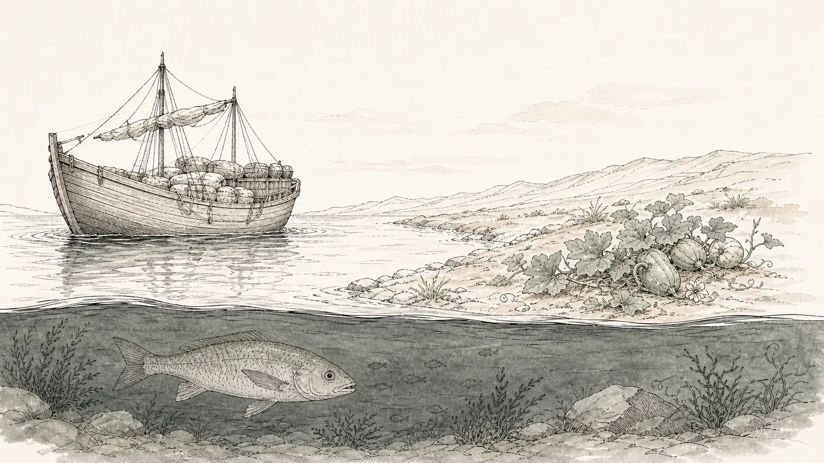 A laden ship above a fish, with a squash plant on an open shore