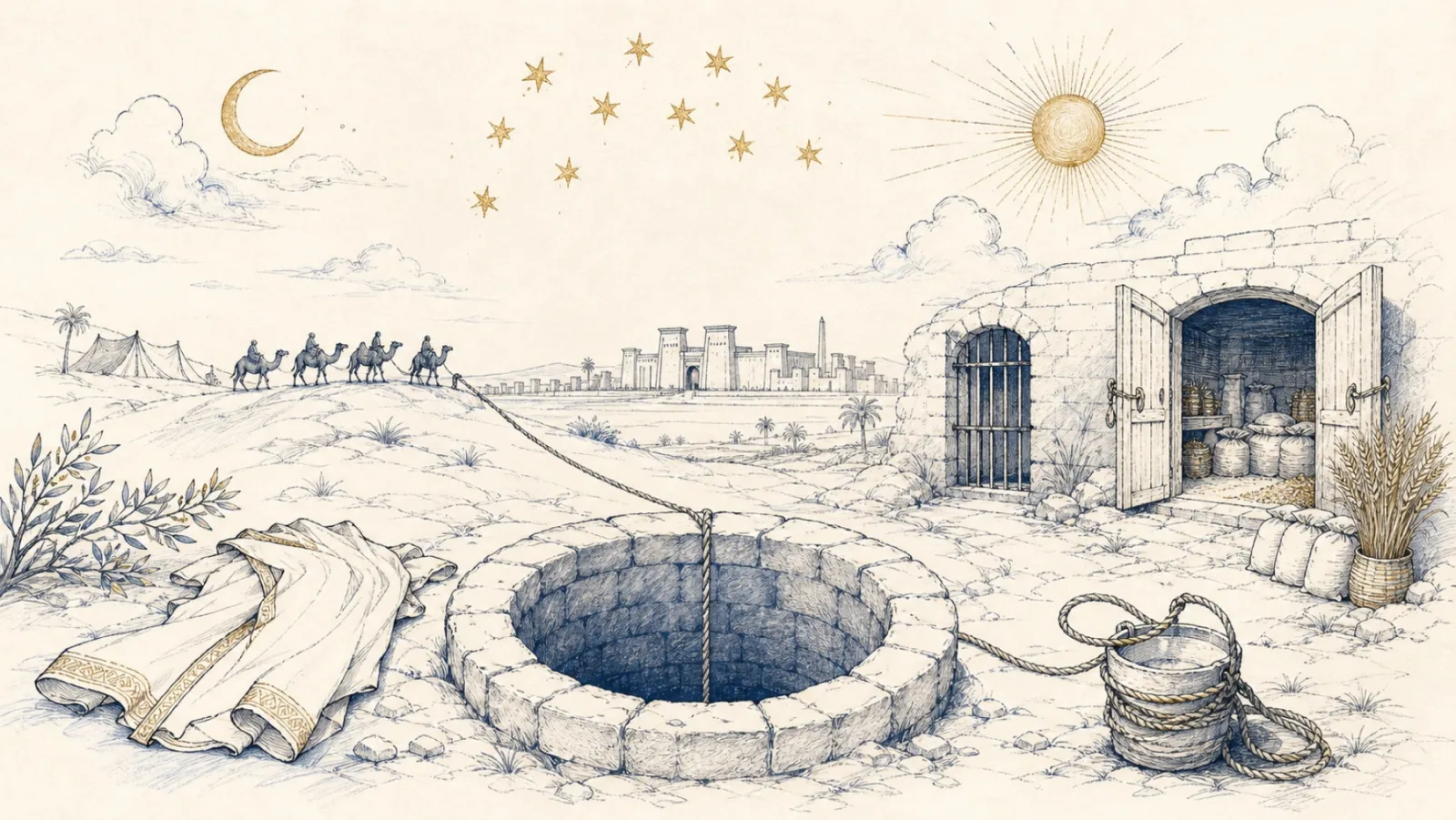 A desert well beneath eleven stars, the sun and moon, with a caravan road leading toward Egyptian storehouses